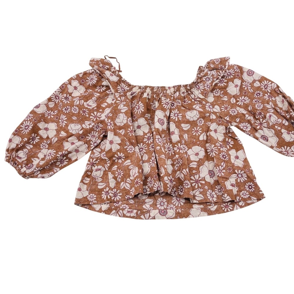 Free People Floral Square Neck Puff Sleeve Crop Top Brown White Pink Size S